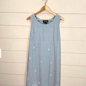 Vintage linen blend floral embroidered summer shift maxi dress cottage core